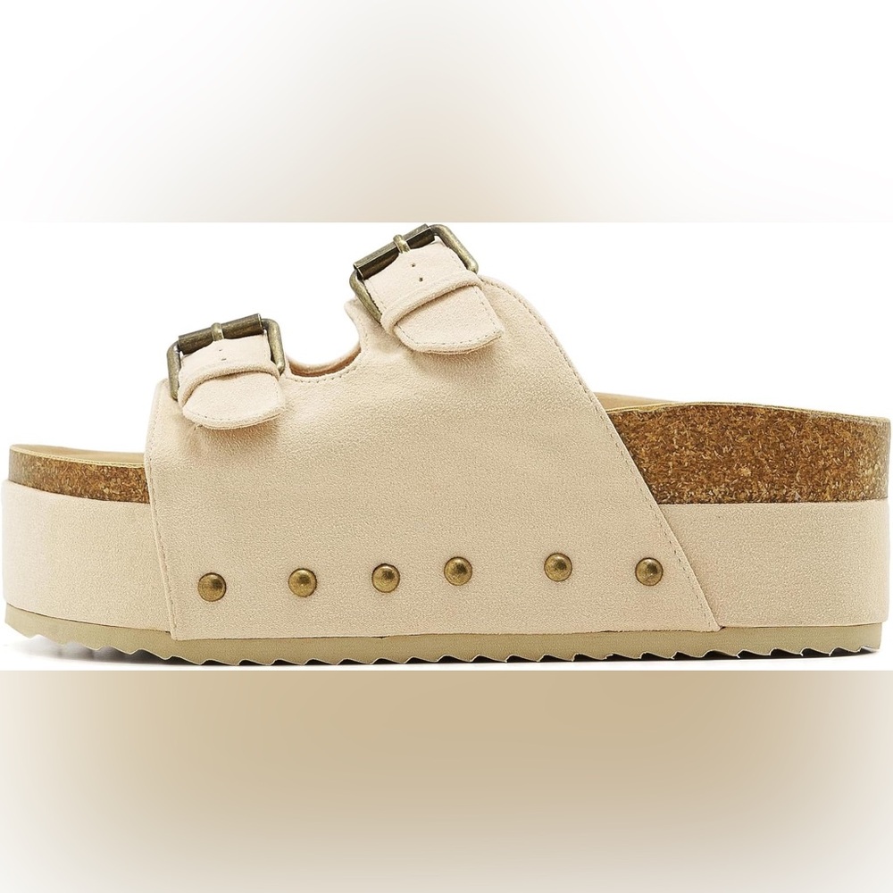Women Metallic Platform Sandals Cork Footbed Heeled Slides Buckles clogs beige - Picture 4 of 7